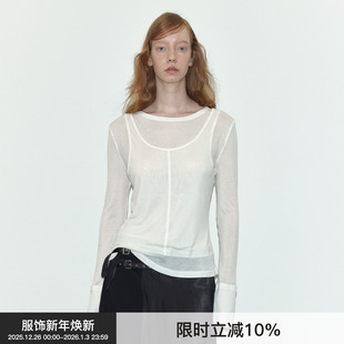 白色针织上衣2025年春夏 Berlinconch假两件圆领长袖 天丝打底