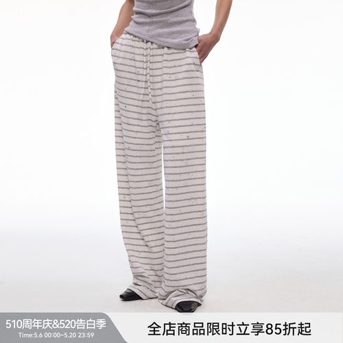 【闪闪星】BiLLconch灰白条纹休闲阔腿裤女松紧腰垂感拖地长裤
