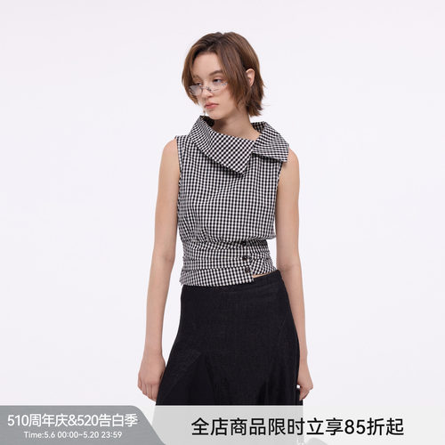 【格纹序曲】BiLLconch复古格子斜领上衣女100%纯棉收腰显瘦衬衫