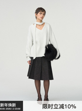 【流银叙事】BiLLconch羊毛混纺V领上衣自带围巾造型感保暖毛衣女