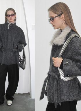 【翻领呢大衣】BiLLconch灰色毛领羊毛大衣外套宽松中长2025秋冬