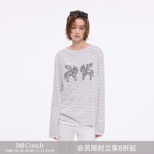 【烟花小马】BiLLconch烫钻条纹长袖t恤女小马印花薄款罩衫上衣