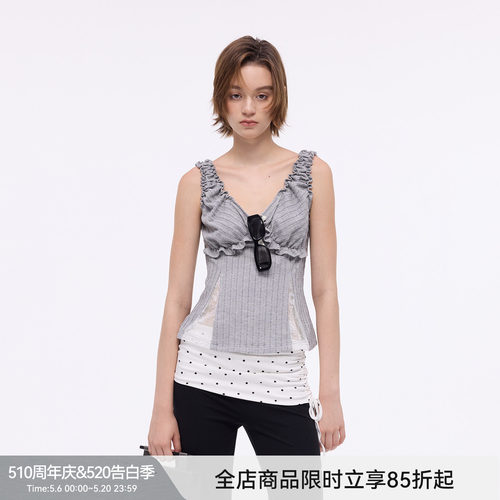 【织梦芭蕾】BiLLconch灰色蕾丝拼接吊带背心女修身显瘦两穿上衣