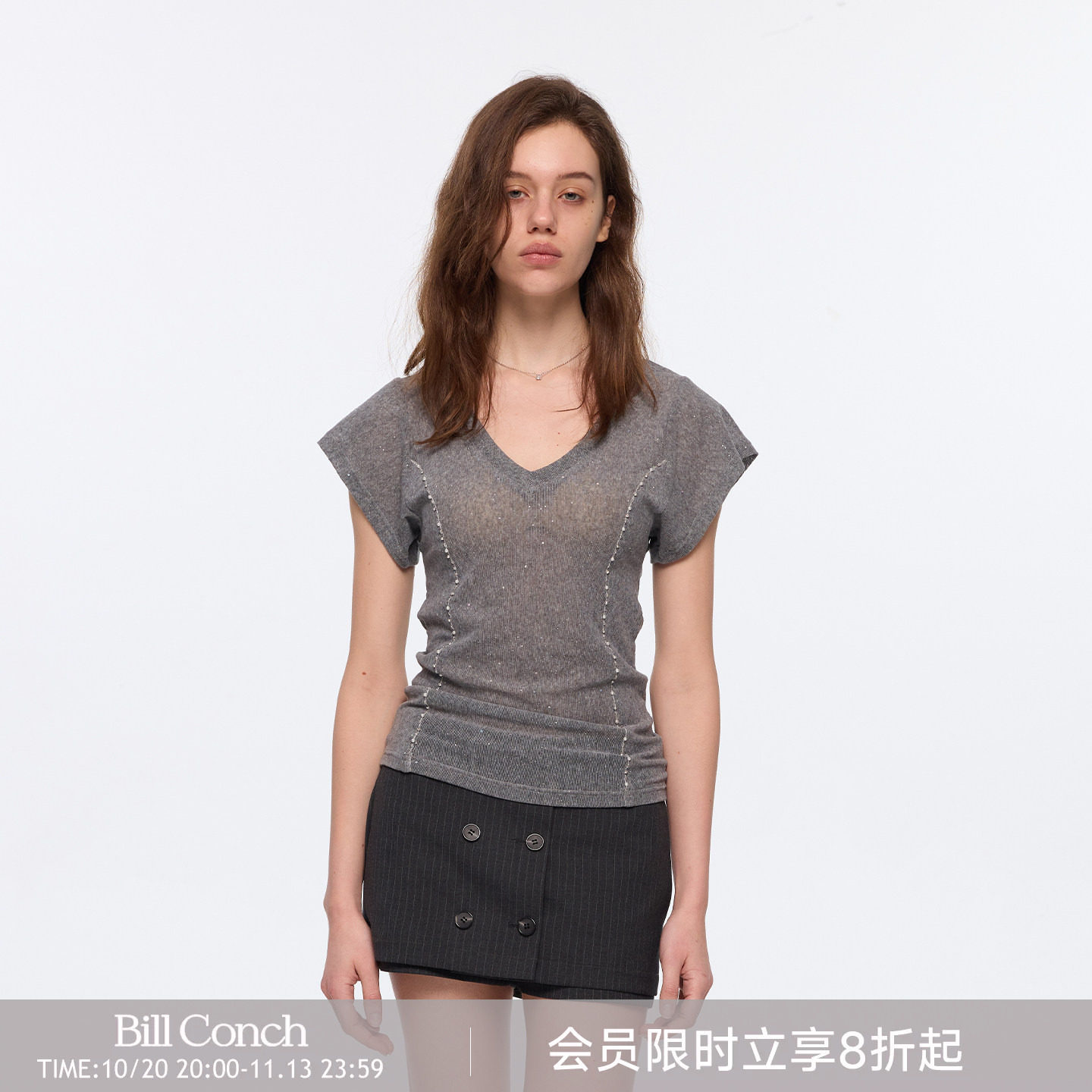 【钻石微光】BiLLconch设计感镶钻v领短袖t恤女拼接显瘦上衣夏季