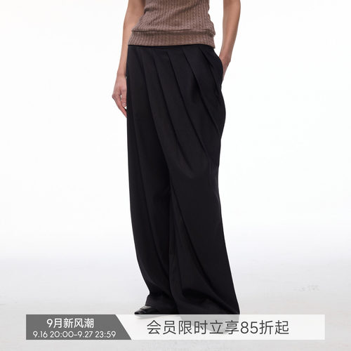 【巴黎夜褶】BiLLconch极简风黑色垂感阔腿裤打褶设计感西装裤女