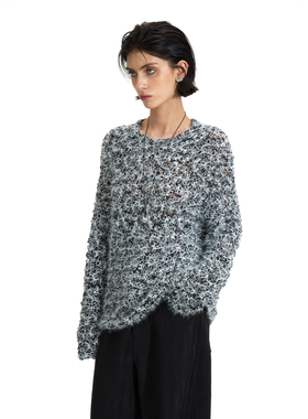 【圈圈绒】BiLLconch镂空套头圆领毛衣秋冬毛绒绒复古混色针织长T