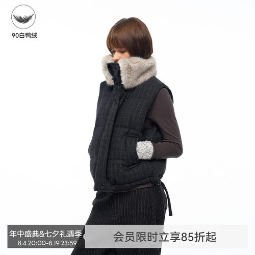 【暖绒格调】BiLLconch羊毛格子羽绒马甲90白鸭绒坎肩毛领外套女