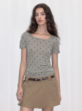 【波点印花】Berlinconch波点方领修身短袖T恤女露锁骨收腰上衣