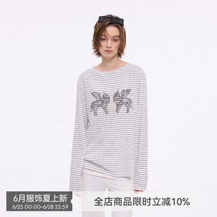 【烟花小马】BiLLconch烫钻条纹长袖t恤女小马印花薄款罩衫上衣