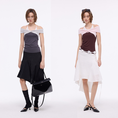 【收藏加购 优先发货】BiLLconch假两件撞色拼接一字肩修身短袖