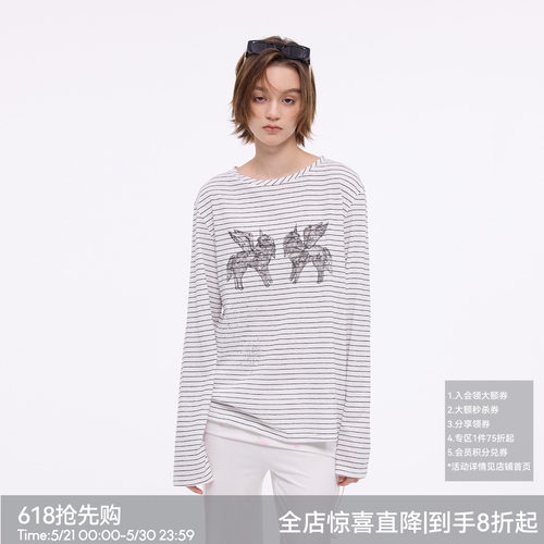 【烟花小马】BiLLconch烫钻条纹长袖t恤女小马印花薄款罩衫上衣