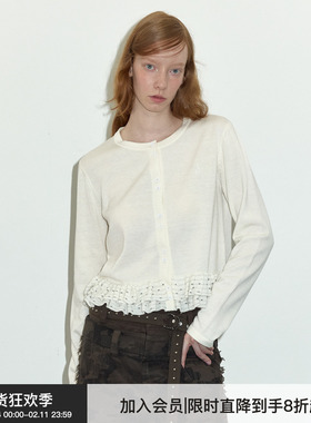【柔软羊毛】Berlinconch白色波点花边针织开衫上衣女2024年秋冬