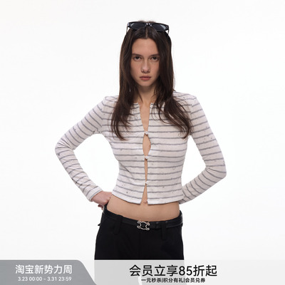 【闪闪星】BiLLconch灰白条纹星星短款上衣露脐辣妹风针织开衫女