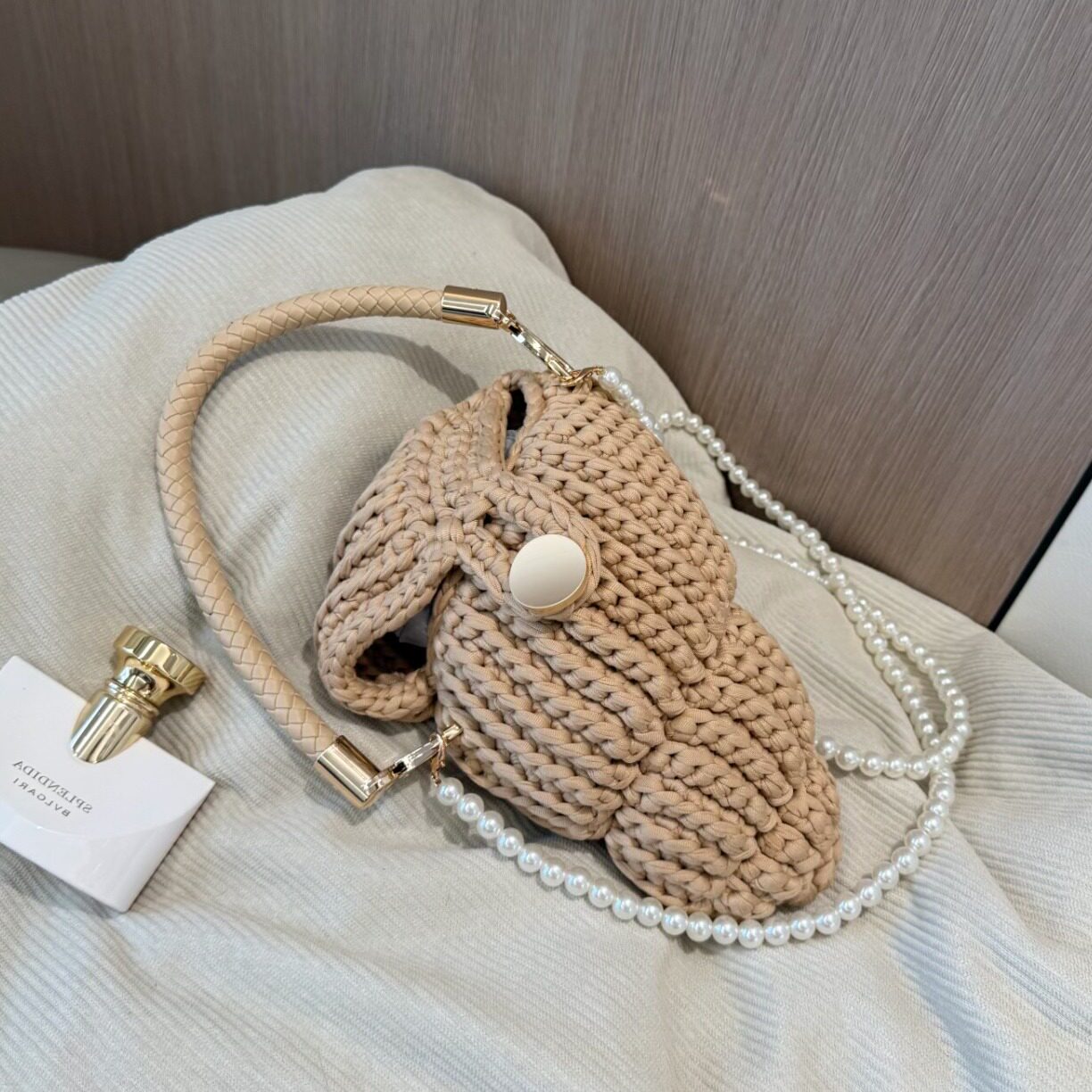 手工编织包女斜挎珍珠链条包度假风百搭小众编织包包海螺包贝壳包