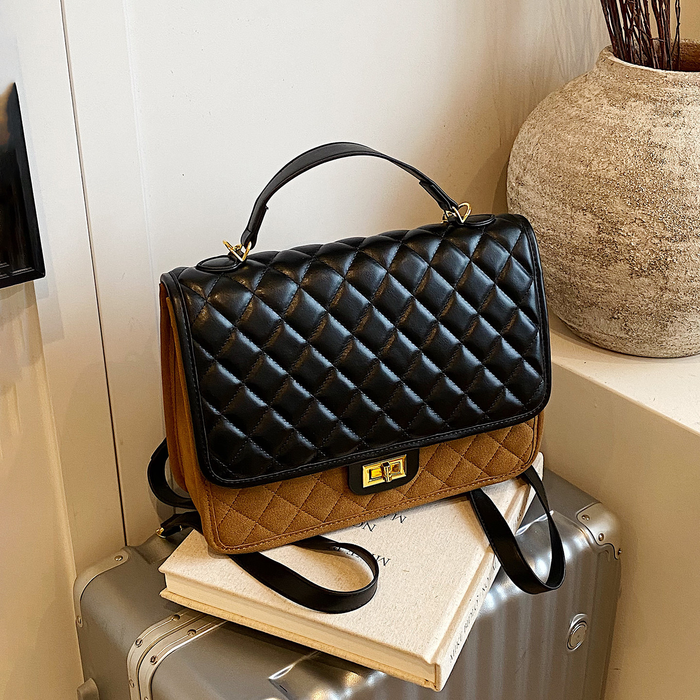 左杏2025新款时尚菱格链条磨砂皮小香风双肩包女大容量旅行背包,箱包皮具/热销女包/男包,双肩背包,淘宝优惠券,粉丝福利购,淘宝优惠卷