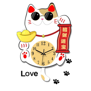 2025新款餐厅招财猫大气钟表挂钟客厅网红创意表家用简约挂墙时钟