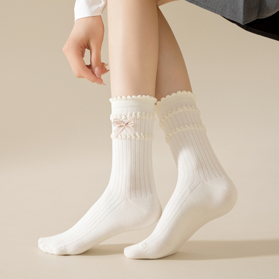 【4双装】韩版学院风蝴蝶结女中筒堆堆wa~秒变小仙女