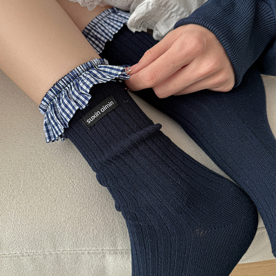 【3双装】学院风miu风花边蝴蝶结藏青系女中筒堆堆wa