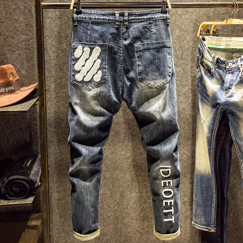 春秋款浅蓝色牛仔裤男宽松直筒裤子复古韩版日系时尚水洗绣花潮牌