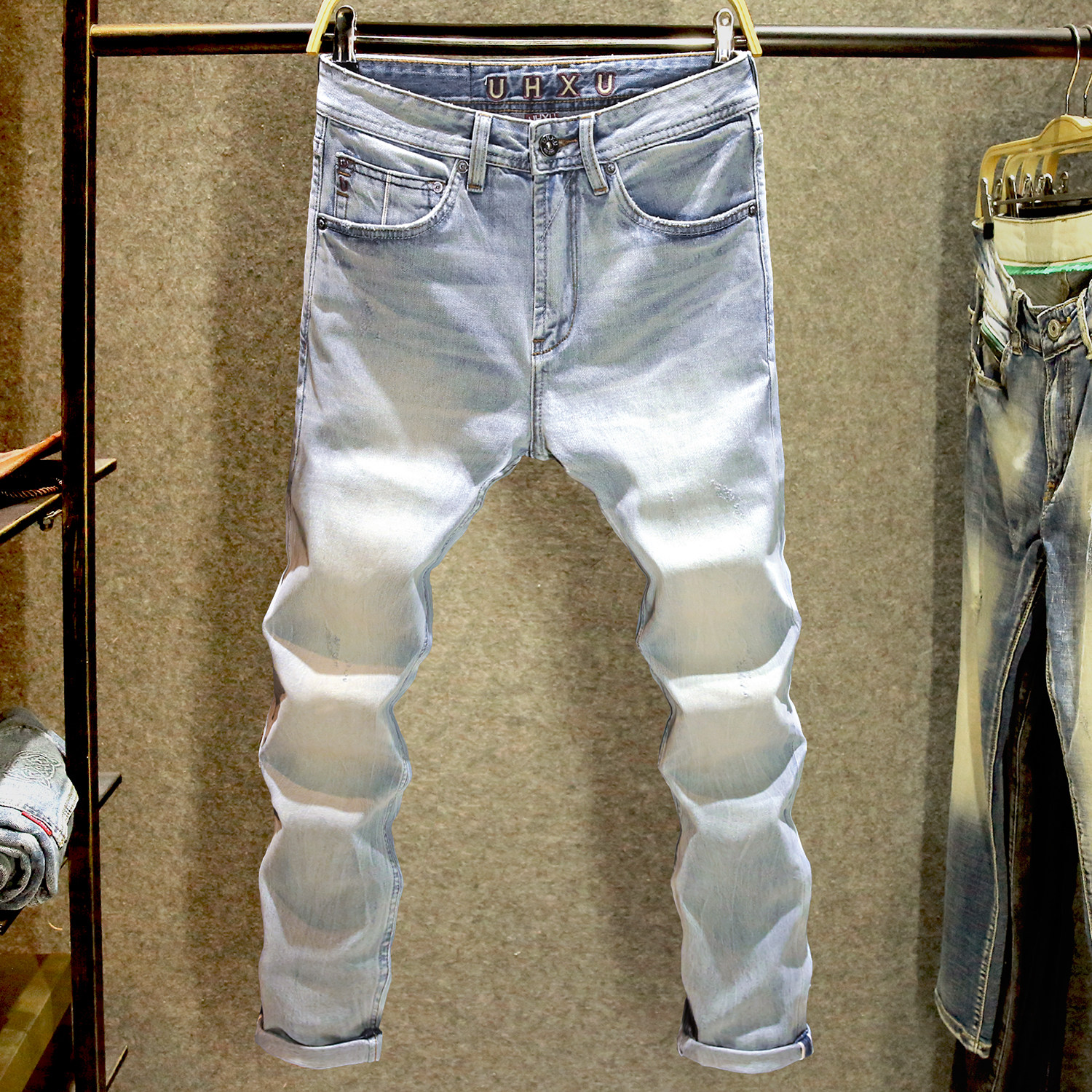 2025新款浅色水洗磨白牛仔裤男修身小直筒弹力裤子赤耳丹宁裤子男