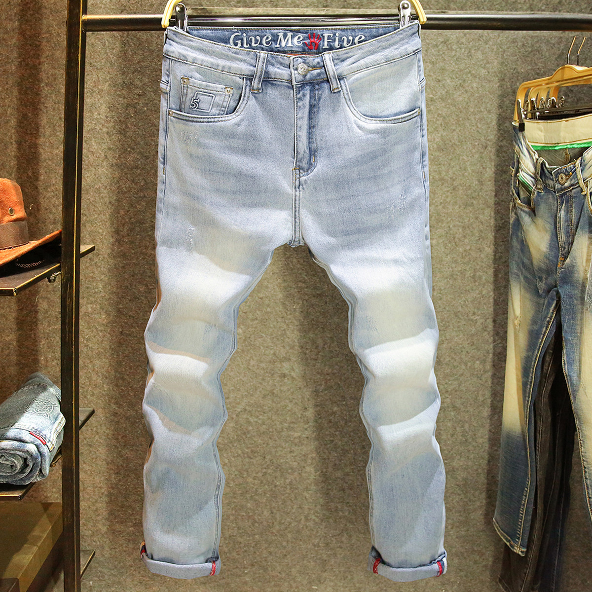 夏季浅色磨白牛仔裤男款弹力修身小脚裤水洗猫须潮流休闲裤子薄款