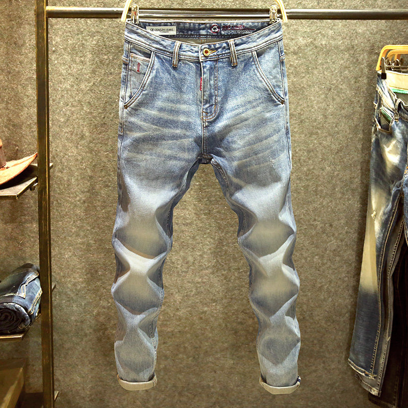 潮牌斜口袋牛仔裤男弹力修身小直筒裤高端赤耳丹尼青年百搭裤子男