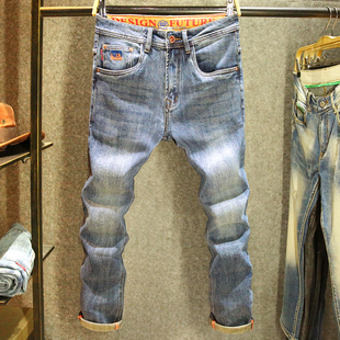 高端刺绣裤子男修身小直筒弹力牛仔裤男款蓝色潮流百搭长裤春秋款