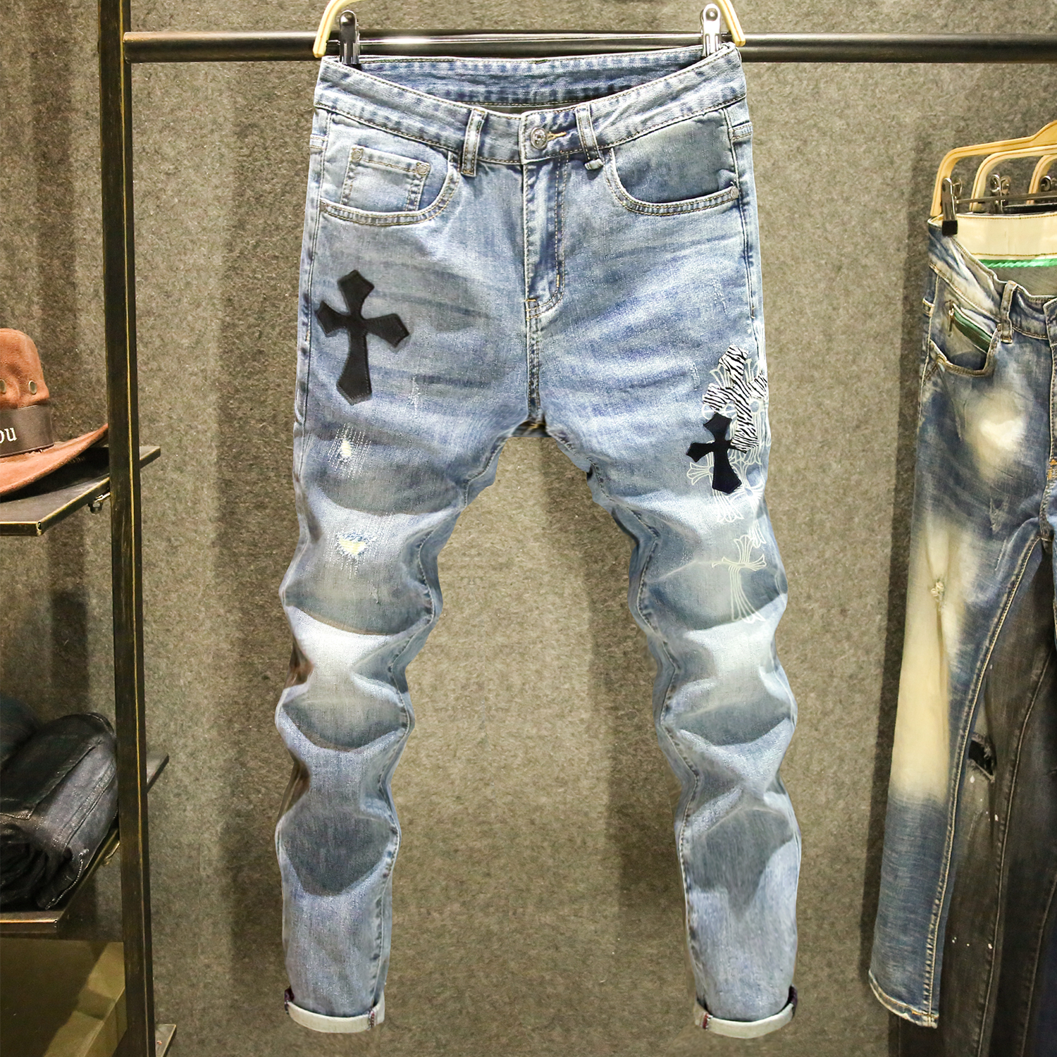 十字架印花潮牌破洞新款牛仔裤