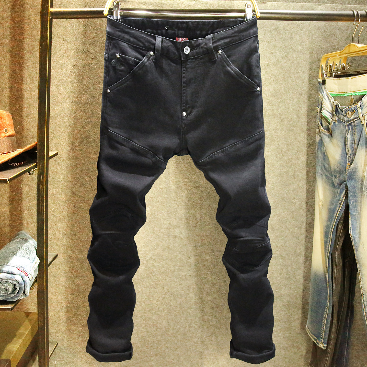 黑色拼接牛仔裤男士秋冬款修身小脚裤美式机车潮流显瘦长裤子潮牌