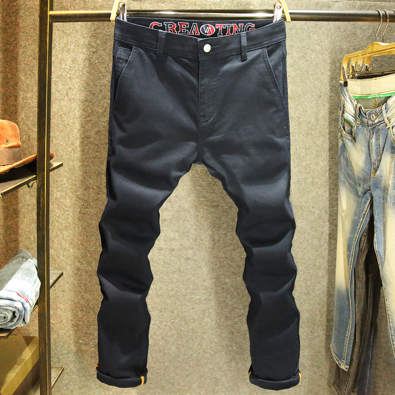 高端男士休闲裤潮流修身小脚弹力裤子男春秋季蓝黑色简约百搭长裤