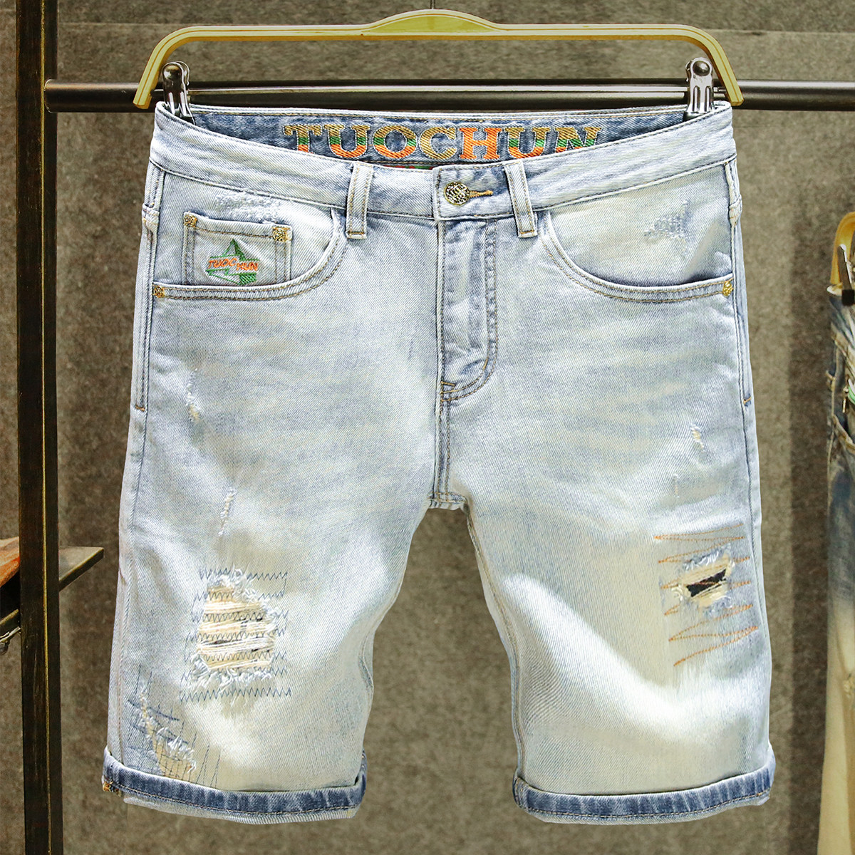 原创设计破洞针缝牛仔短裤男夏季新款破洞中裤割烂五分休闲裤男款