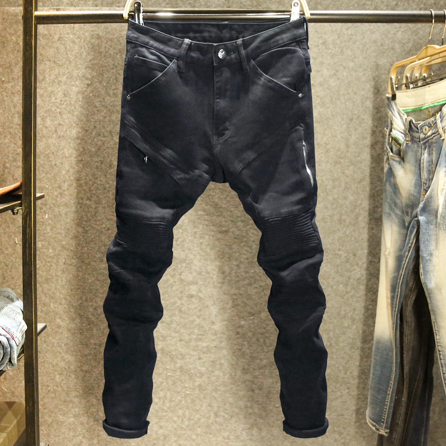 拉链装饰ins高街黑色男士牛仔裤