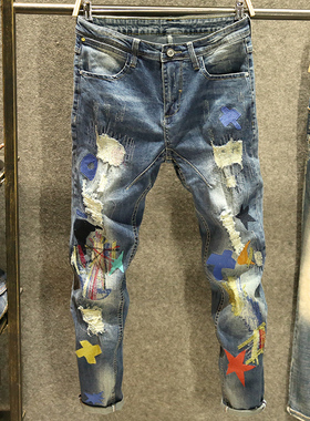 蓝色破洞牛仔裤男潮牌补丁贴布韩版青年乞丐修身小脚裤子网红个性