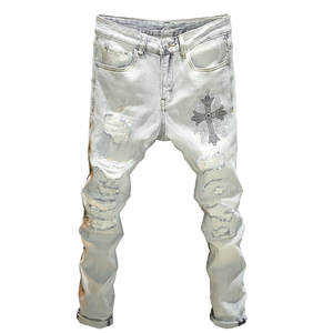 高街时尚破洞补丁烫钻牛仔裤男款