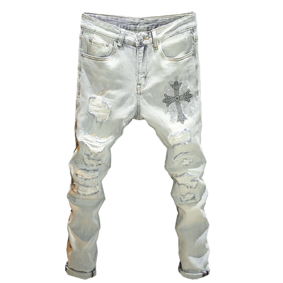 高街时尚破洞补丁烫钻牛仔裤男款
