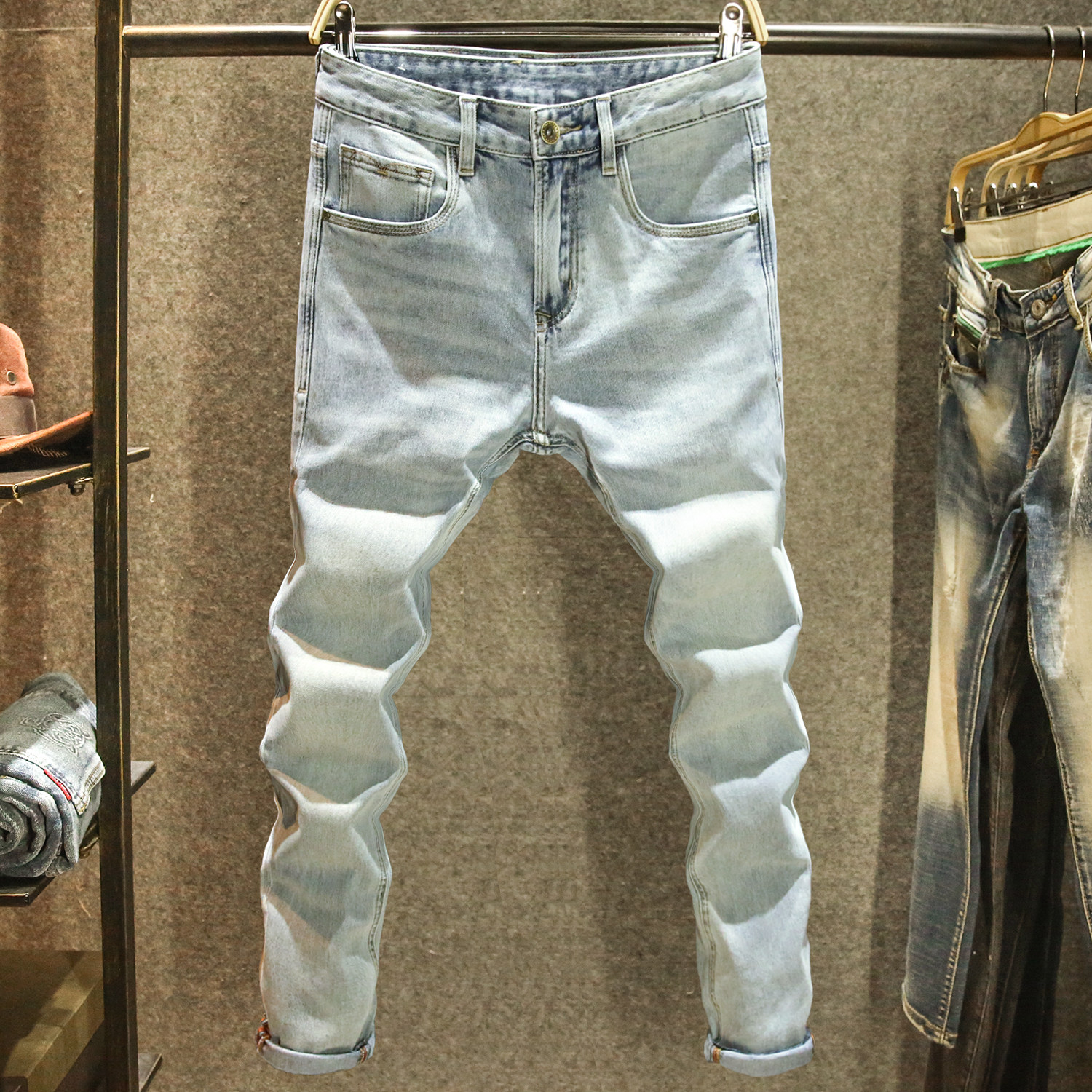 浅色秋季新款牛仔裤男百搭小直筒弹力长裤潮牌复古水洗高端男裤子