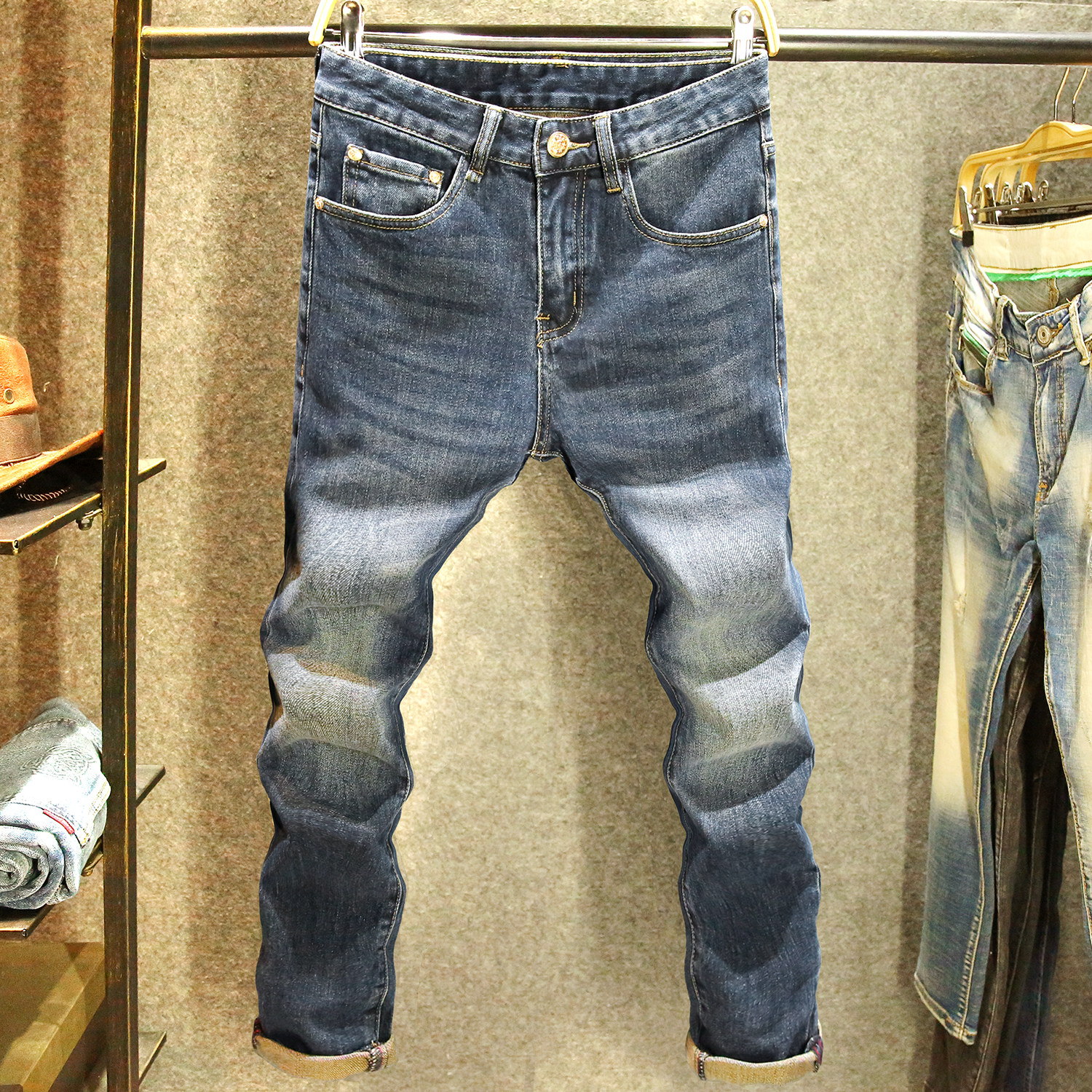 秋冬款深蓝色牛仔裤男修身小直筒弹力裤子高端水洗百搭休闲长裤子