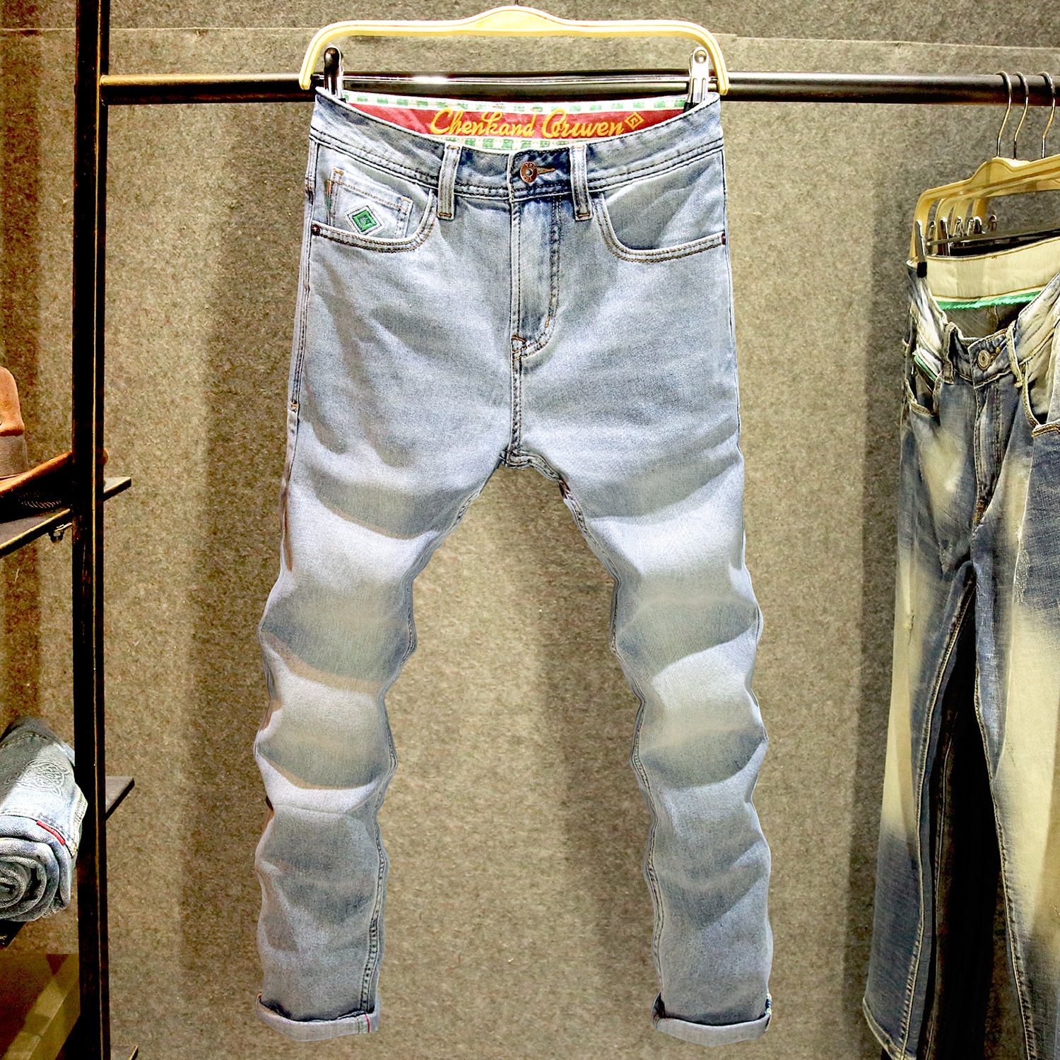 夏季浅色百搭牛仔裤男修身小直筒弹力裤子高端时尚刺绣潮流裤子男