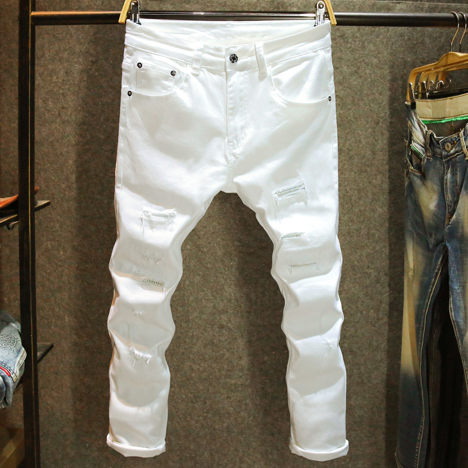 白色破洞烫钻九分牛仔裤男款小脚修身弹力裤子潮流百搭补丁9分裤