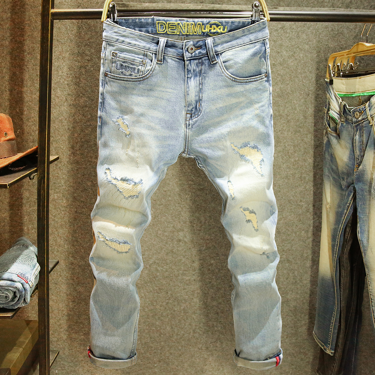 纯手工破洞工艺牛仔裤男