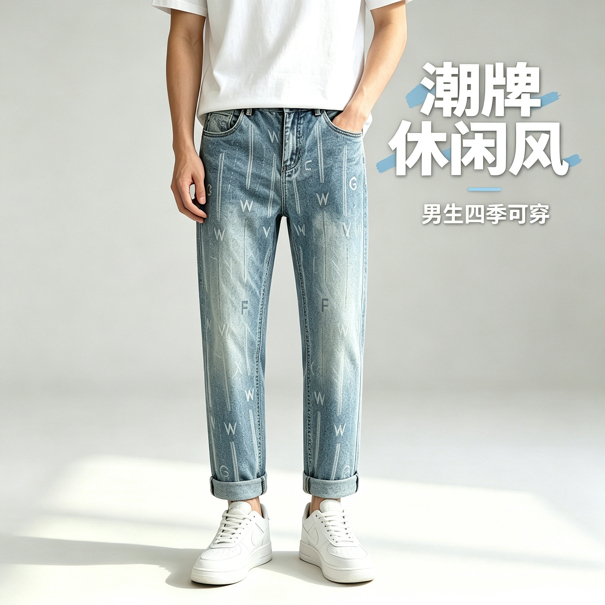 潮牌暗纹提花牛仔裤男士牛仔长裤