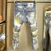 子秋冬款 设计师款 小脚裤 高街痞帅弹力裤 泼墨牛仔裤 男潮牌破洞修身