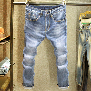 高端舒适百搭牛仔裤男夏薄款修身小脚弹力裤子潮流休闲蓝色长裤子