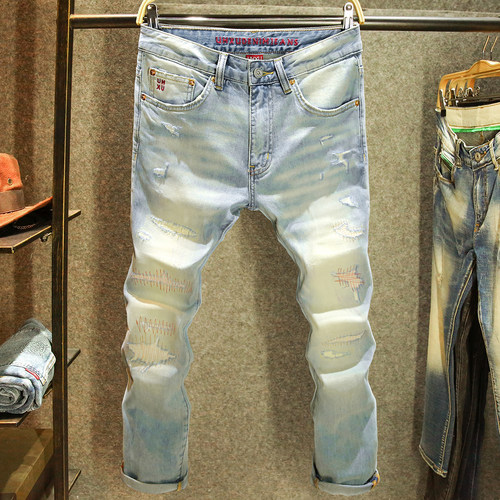 潮牌大破洞针缝九分牛仔裤男复古