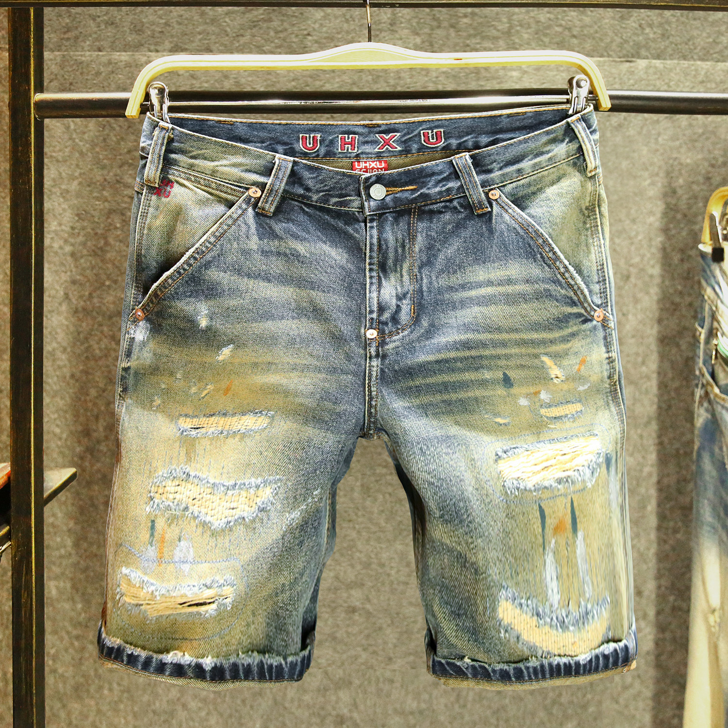 原创设计高级感潮牌牛仔短裤男款美式休闲破洞五分裤水洗复古中裤
