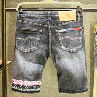 2025新款火山灰牛仔短裤男夏季薄款五分裤子高端潮牌印花磨破中裤