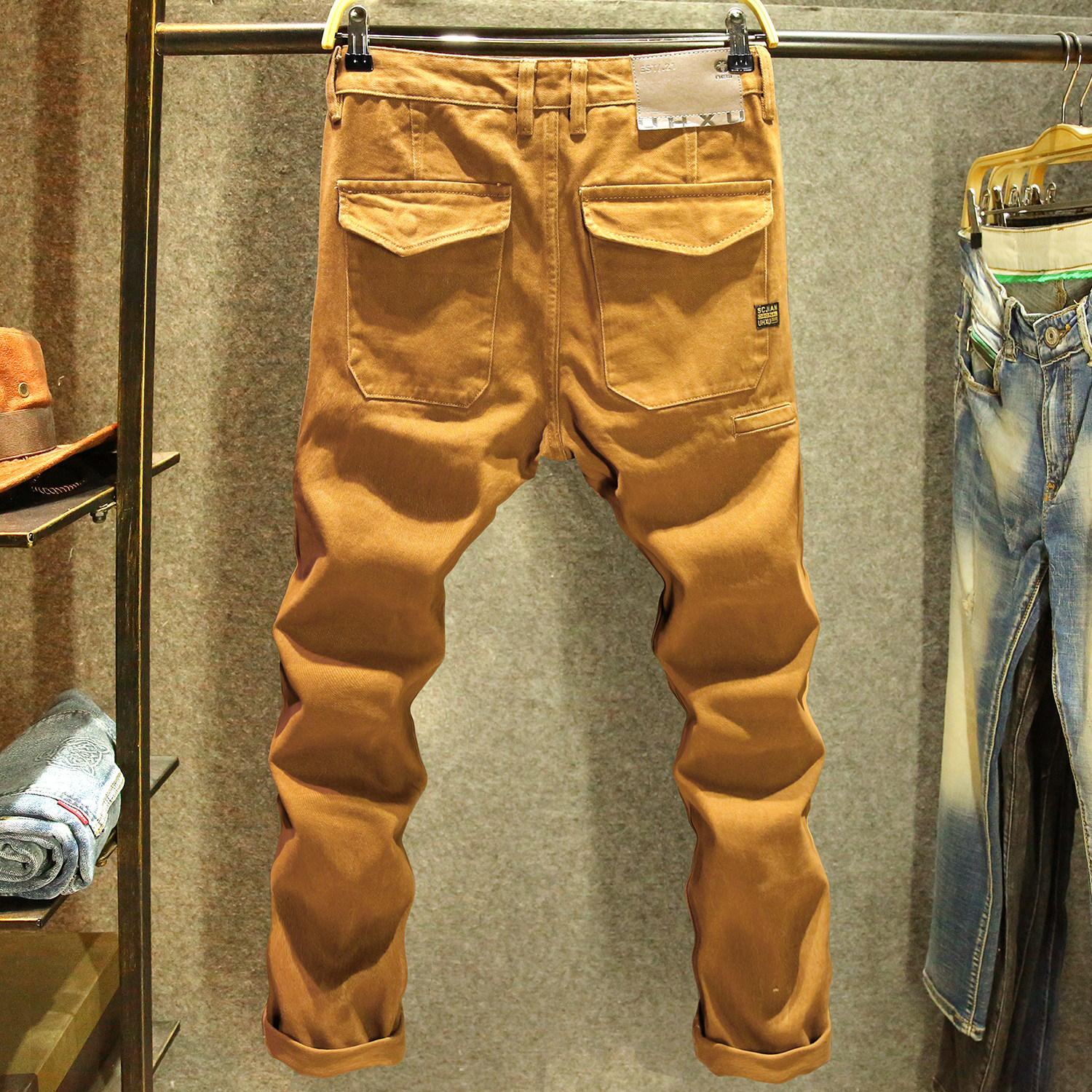 美式工装休闲裤男秋冬季宽松直筒纯棉长裤高端设计师拼接潮流裤子