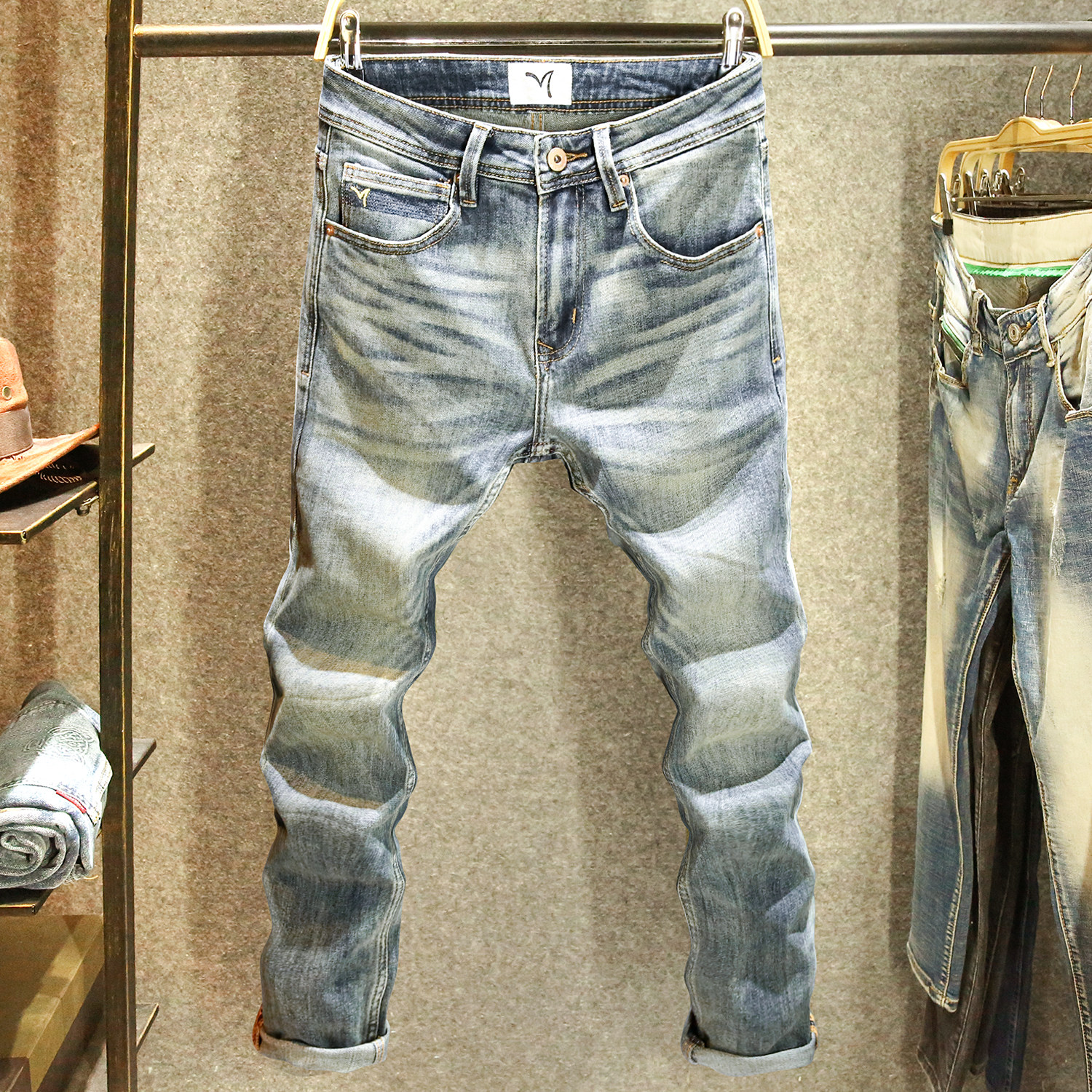 高端水洗怀旧蓝牛仔裤男修身小直筒弹力裤子2025新款潮流百搭长裤