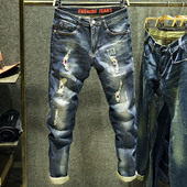 复古直筒潮牌春夏新款 破洞牛仔裤 子韩版 时尚 男青年弹力修身 小脚裤