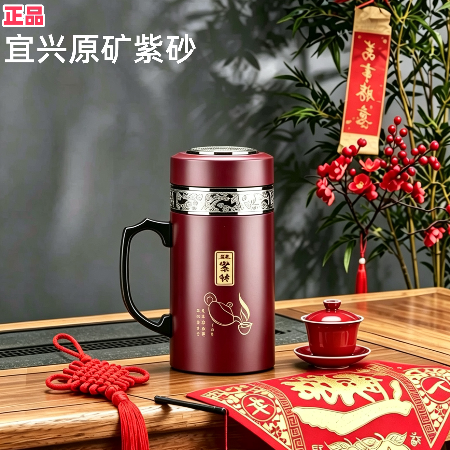 正宗宜兴原矿紫砂内胆养生杯负离子磁化杯办公杯带手柄茶滤紫砂杯